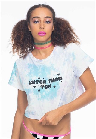 CUTER SLOGAN PASTEL RAINBOW TIE-DYE CROPPED TEE