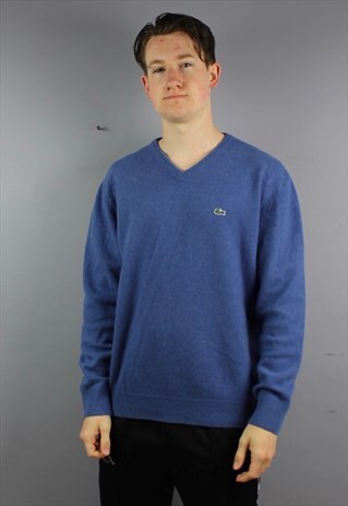 VINTAGE LACOSTE V NECK WOOL SWEATSHIRT IN BLUE WITH EMBROIDE
