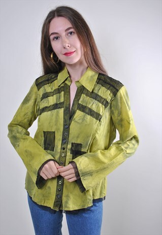 VINTAGE LONG SLEEVE WOMAN GREEN ACID PARTY BLOUSE