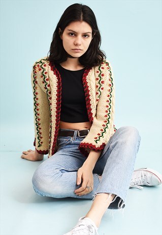 70'S RETRO WOOL FOLK OPEN FRONT EMBROIDERED HANDKNIT CARDI