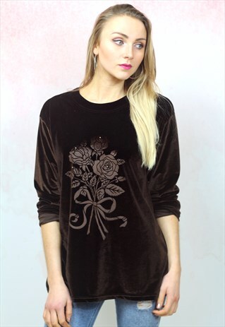 1990S VINTAGE BROWN VELVETEEN LONG SLEEVE TOP