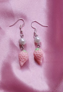 Pink berry pearl earrings white strawberry pastel cute fruit