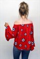 RED FLORAL BELL SLEEVE BARDOT TOP