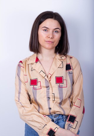 VINTAGE 70S PANEL PATTERN CUBAN COLLAR BLOUSE SHIRT