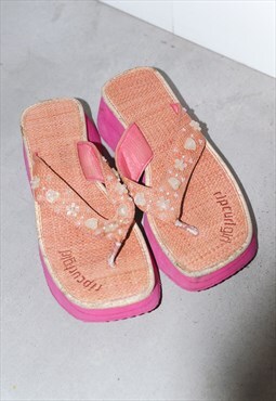 Vintage y2k Pink Embroidered Platform Sandals