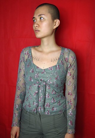 GREY MESH FLORAL TOP AND WRAP CROP TOP
