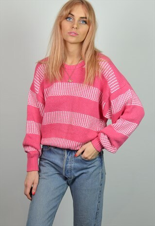 VINTAGE 90S PINK STRIPE OVERSIZED KNITTED JUMPER