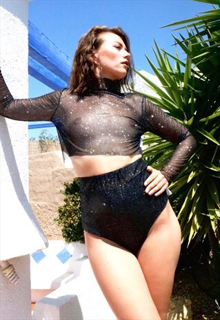 BLACK SHEER SPARKLE LONG SLEEVE HIGH NECK CROP TOP PEA ST