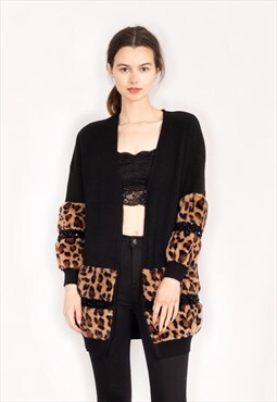 Faux leopard print fur cardigan with embellishment