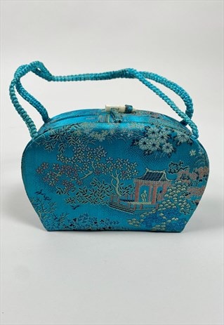 70's Vintage Blue Fabric Mini Evening Jewellery Beauty Bag 