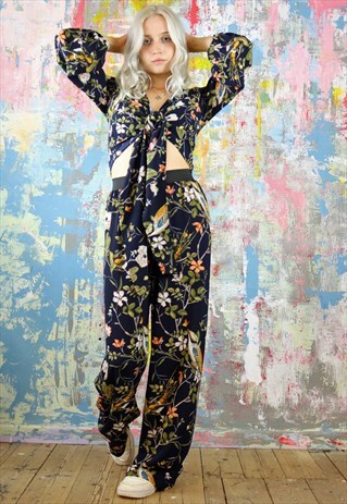 TROUSERS & WRAP TOP CO-ORDINATES IN BIRD & FLOWER PRINT