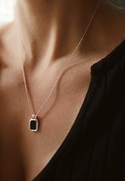 Sterling Silver Plated Black Pendant Necklace