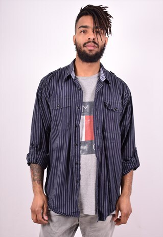 TOMMY HILFIGER MENS VINTAGE SHIRT LARGE NAVY BLUE STRIPES 90