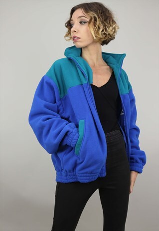 VINTAGE 90S OVERSIZED ZIP UP FLEECE BLUE GREEN