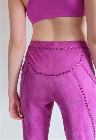 VINTAGE 90S VERSACE PURPLE SUEDE LEATHER RHINESTONE TROUSERS