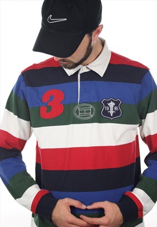 VINTAGE TOMMY HILFIGER STRIPED RUGBY SHIRT POLO TOP