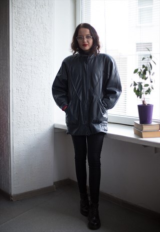 VINTAGE 80'S DARK BLUE LONG FIT LEATHER JACKET