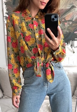 80s Floral Colorful Blouse - Large 