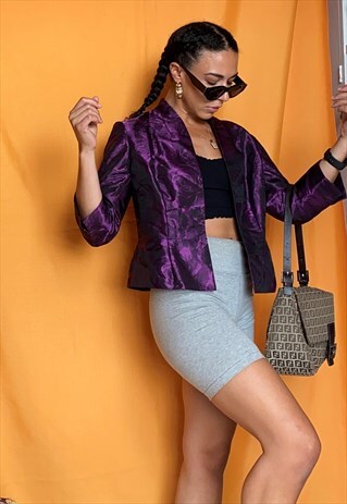 VINTAGE 80S JACQUARD SATIN FLORAL TAILORED CROPPED JACKET