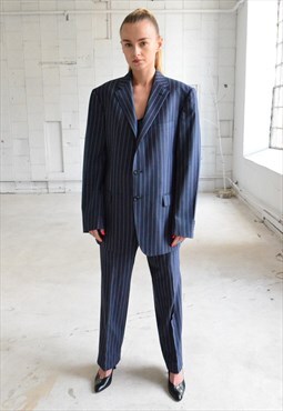 Blue Striped Vintage Versace Collection Suit 90s.