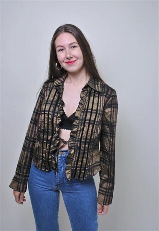 VINTAGE GOLD PAID BLOUSE, RETRO RUFFLED EVENING PARTY SHIRT