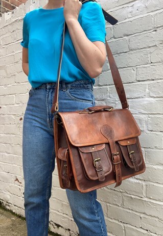 Waxy Brown Leather Moroccan Laptop Bag / Satchel
