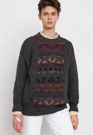 VINTAGE GREY STONE CIRCLE ROUND NECK KNIT JUMPER SWEATER