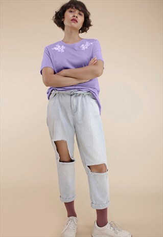 HALF SLEEVES SOLID FLORAL EMBROIDERY TOP IN PURPLE