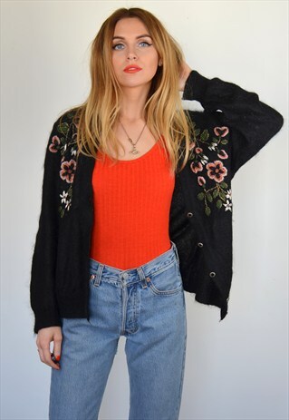 VINTAGE BLACK FLORAL EMBROIDERY MOHAIR WOOL CARDIGAN