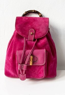 90's GUCCI Pink Suede Leather backpack with bamboo handle