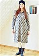 Long grey warm geometric print vintage dress