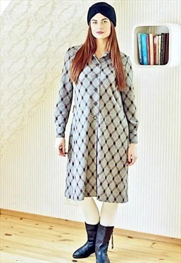 Long grey warm geometric print vintage dress