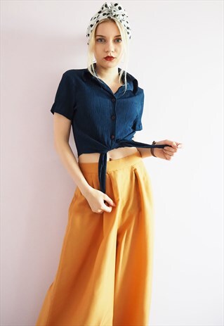 VINTAGE 80'S MINIMALIST TIE UP BLOUSE SHIRT TOP IN NAVY BLUE