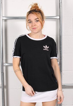 Vintage Adidas T-Shirt in Black Crewneck Sports Tee UK 8