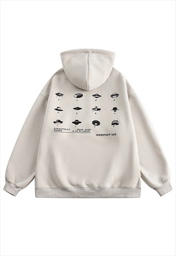 Alien print hoodie flying saucer pullover UFO jumper cream