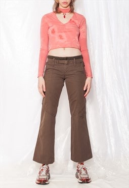 Vintage Cargo Pants Y2K Low Rise Flare Trousers in Brown
