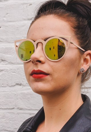 NEW GOLD AND GREEN/GOLD CATS EYE MIRRORED SUNGLASSES