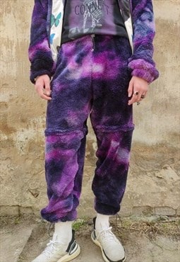 Tie-dye fleece joggers detachable handmade sky pants purple