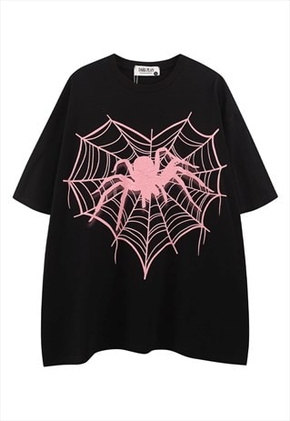 SPIDER WEB T-SHIRT HEART PRINT TEE GOTHIC TOP IN BLACK