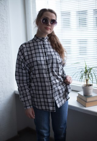 VINTAGE 70'S WHITE/GREY TARTAN LONG SLEEVES SHIRT
