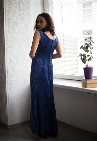 VINTAGE 80'S BLUE MAXI SLEEVELESS VELVET DRESS