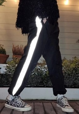 Baggy reflective stripe joggers luminous beam pants in black