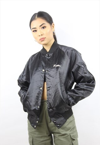 VINTAGE 90'S PRINTED BLACK SATIN BOMBER JACKET