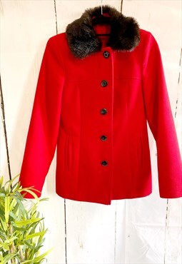 Vintage Bright Red Button Faux Fur Collar 60's Coat