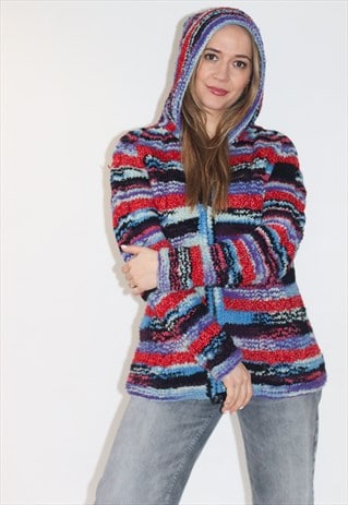 Hand Knitted Pure Wool Striped hooded Knitted Cardigan