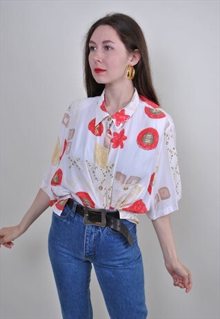 RETRO FLORAL SHIRT, 90S FLOWERS BLOUSE, VINTAGE WOMENS TOP