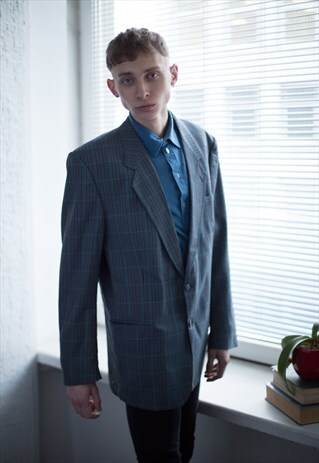 VINTAGE 80'S GREY/BLUE CHECK WOOL BLAZER
