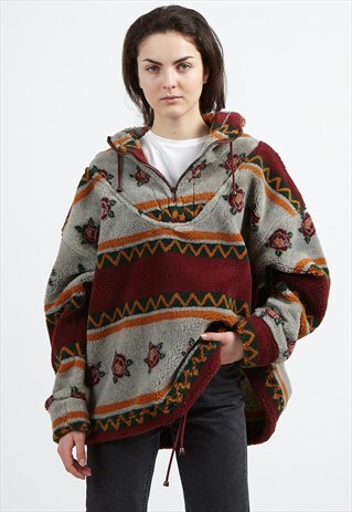 VINTAGE GREY RED 1/4 ZIP PULLOVER HOODIE SWEATSHIRT