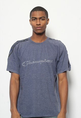 VINTAGE CHAMPION BIG SPELL OUT LOGO T-SHIRT BLUE