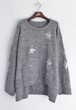Light Grey Jumper with Star Print & Distressed Details